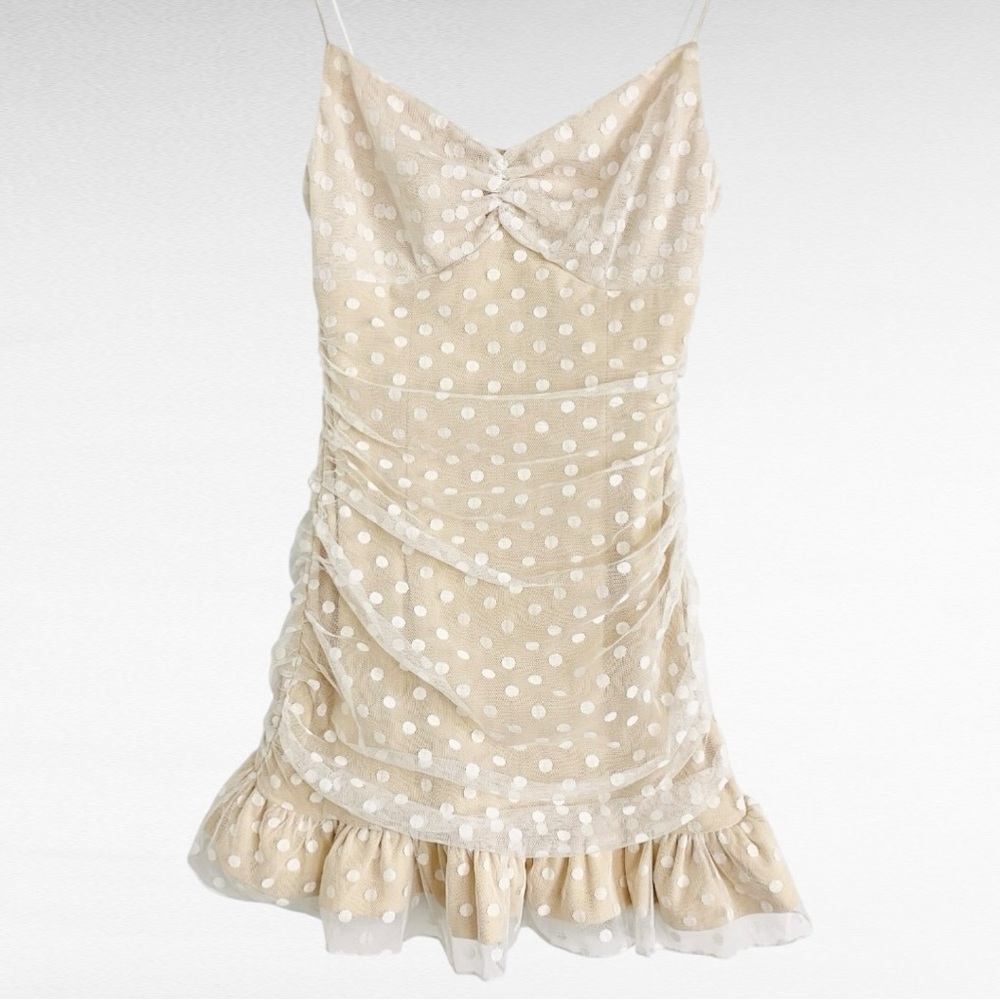 Revolve | More To Come | Elena Mini Beige & White Polka Dot Ruffled Tulle Dress